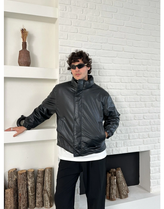 DİK YAKA OVERSİZE DERİ ŞİŞME CEKET SİYAH