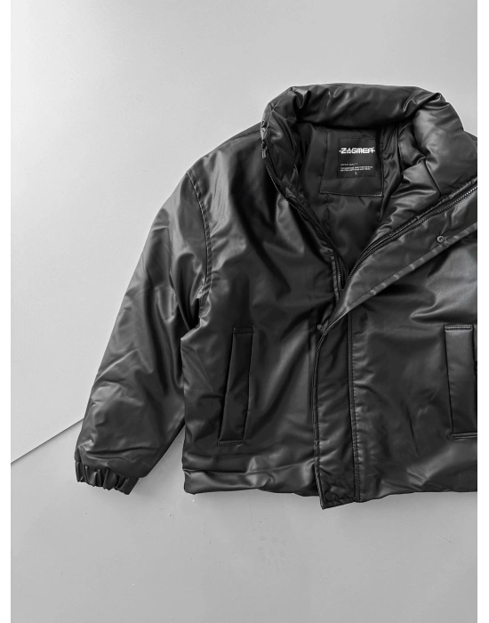 DİK YAKA OVERSİZE DERİ ŞİŞME CEKET SİYAH