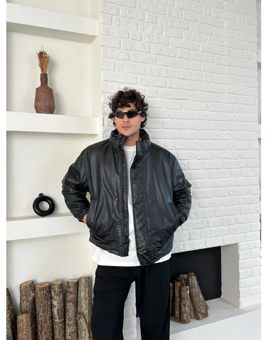 DİK YAKA OVERSİZE DERİ ŞİŞME CEKET SİYAH