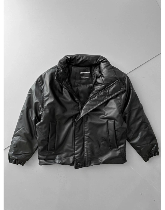 DİK YAKA OVERSİZE DERİ ŞİŞME CEKET SİYAH