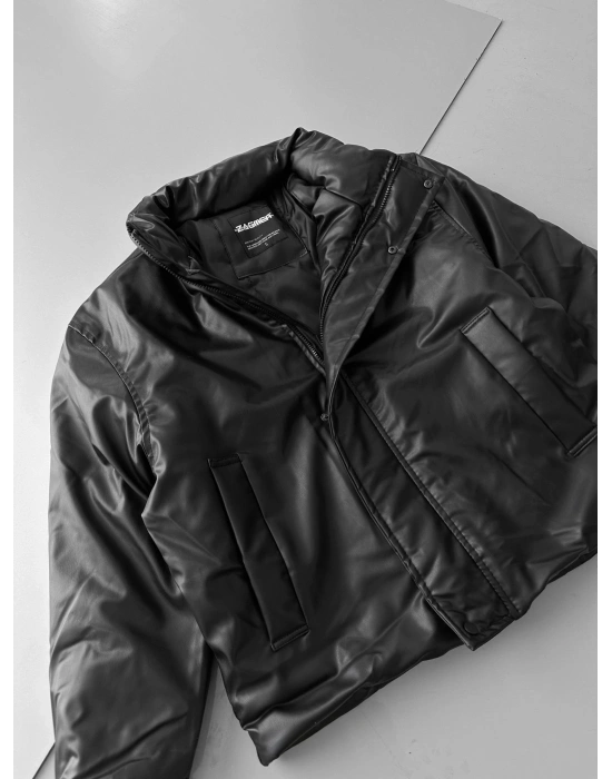 DİK YAKA OVERSİZE DERİ ŞİŞME CEKET SİYAH