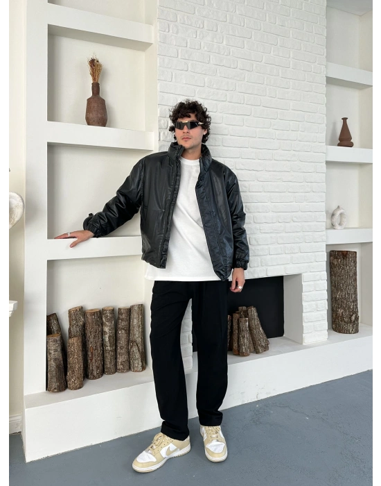 DİK YAKA OVERSİZE DERİ ŞİŞME CEKET SİYAH