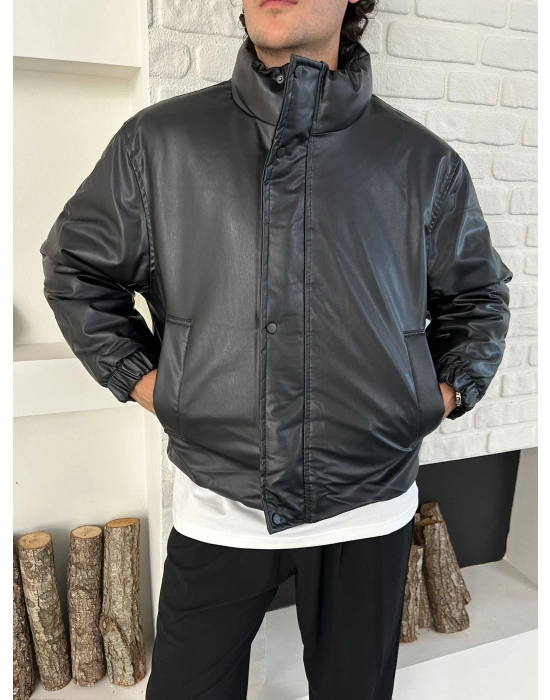 DİK YAKA OVERSİZE DERİ ŞİŞME CEKET SİYAH