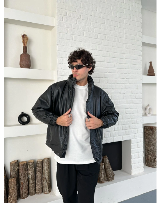 DİK YAKA OVERSİZE DERİ ŞİŞME CEKET SİYAH