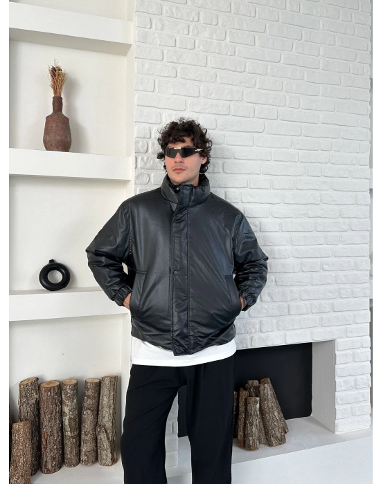 DİK YAKA OVERSİZE DERİ ŞİŞME CEKET SİYAH