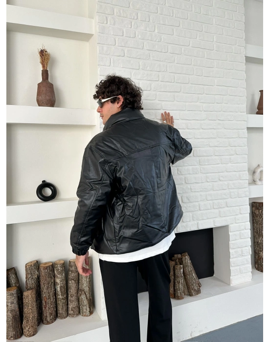 DİK YAKA OVERSİZE DERİ ŞİŞME CEKET SİYAH