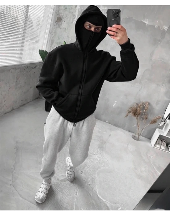 FULL ZİP 3 İPLİK PAMUKLU KUMAŞ MASKELİ HIRKA SİYAH