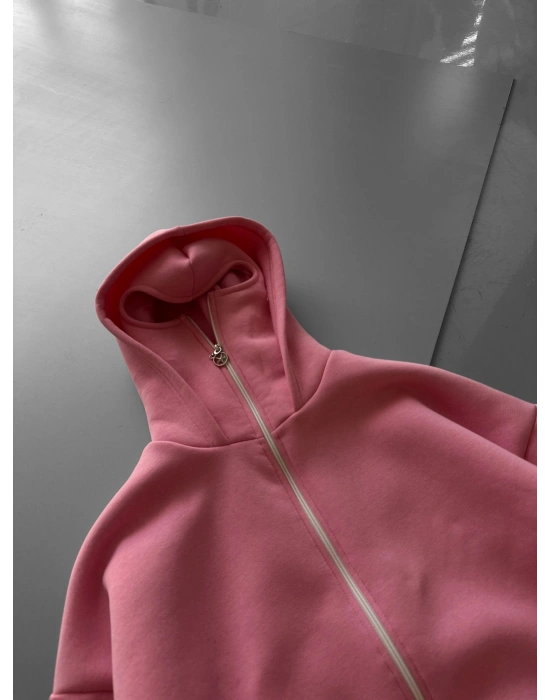 FULL ZİP 3 İPLİK PAMUKLU KUMAŞ MASKELİ HIRKA PEMBE