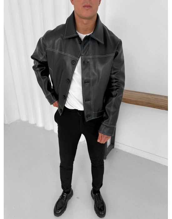 GİESTO CROP DERİ CEKET SİYAH