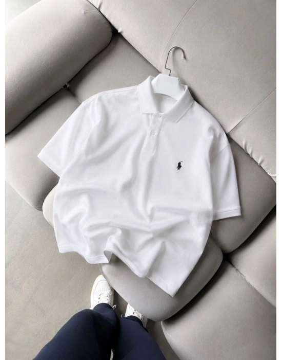 GÖĞÜS NAKIŞ OVERSİZE POLO YAKA TİŞÖRT BEYAZ