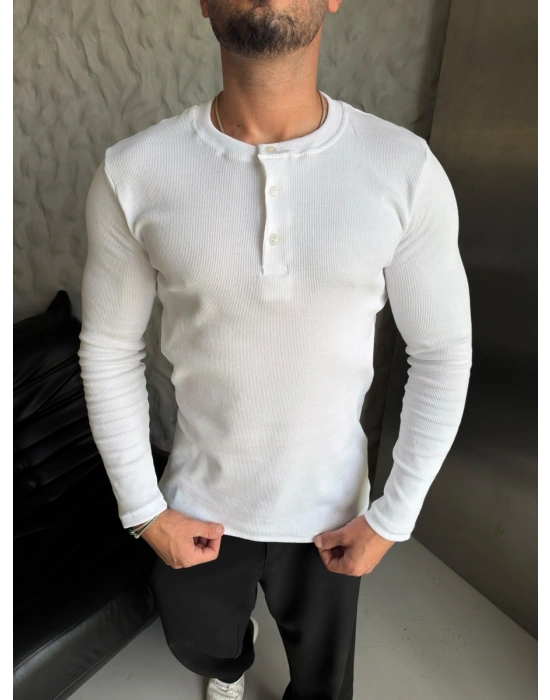 HENLEY YAKA FİTİLLİ UZUN KOLLU SLİM BADİ BEYAZ
