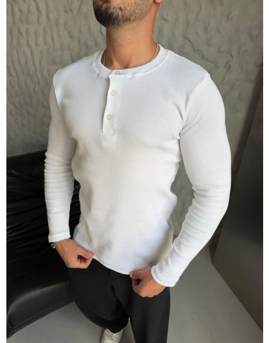 HENLEY YAKA FİTİLLİ UZUN KOLLU SLİM BADİ BEYAZ
