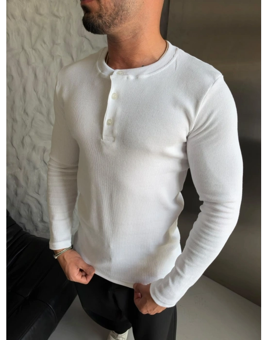 HENLEY YAKA FİTİLLİ UZUN KOLLU SLİM BADİ BEYAZ