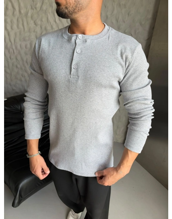 HENLEY YAKA FİTİLLİ UZUN KOLLU SLİM BADİ GRİ
