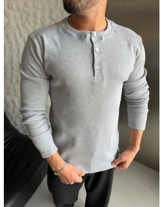 HENLEY YAKA FİTİLLİ UZUN KOLLU SLİM BADİ GRİ