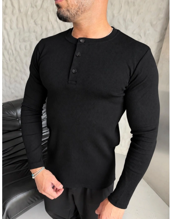HENLEY YAKA FİTİLLİ UZUN KOLLU SLİM BADİ SİYAH