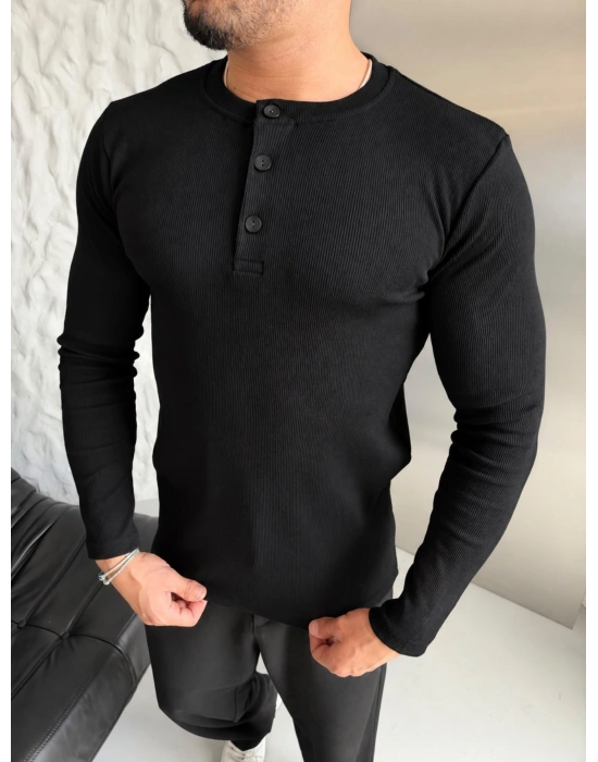 HENLEY YAKA FİTİLLİ UZUN KOLLU SLİM BADİ SİYAH