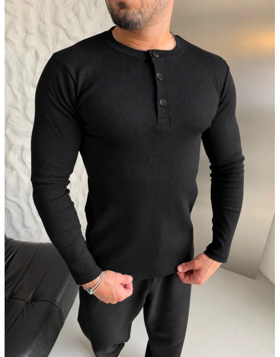 HENLEY YAKA FİTİLLİ UZUN KOLLU SLİM BADİ SİYAH