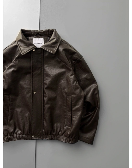 İÇİ ASTARLI OVERSİZE DERİ CEKET KAHVE