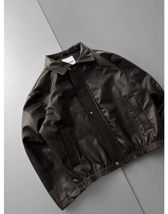 İÇİ ASTARLI OVERSİZE DERİ CEKET KAHVE