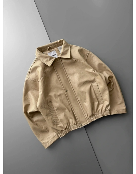 İÇİ ASTARLI OVERSİZE DERİ CEKET KREM