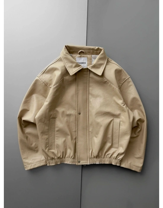 İÇİ ASTARLI OVERSİZE DERİ CEKET KREM