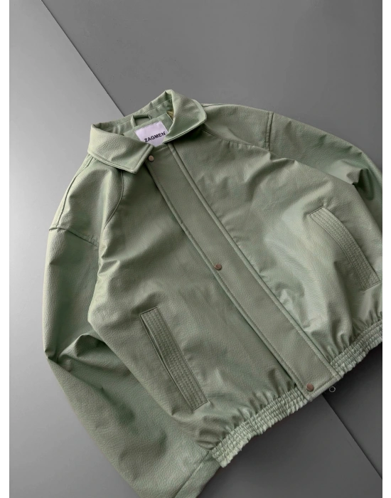 İÇİ ASTARLI OVERSİZE DERİ CEKET YEŞİL