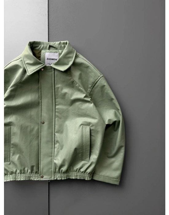 İÇİ ASTARLI OVERSİZE DERİ CEKET YEŞİL