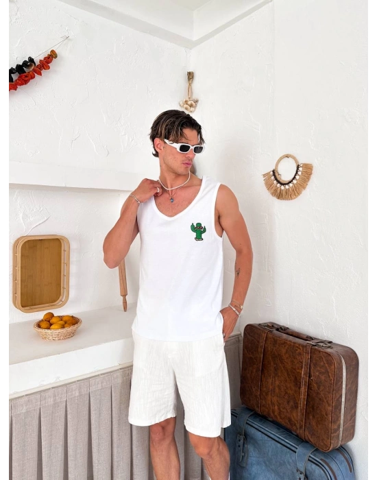 KAKTÜS NAKIŞ ATLET BEYAZ