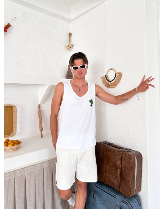 KAKTÜS NAKIŞ ATLET BEYAZ