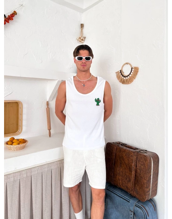 KAKTÜS NAKIŞ ATLET BEYAZ