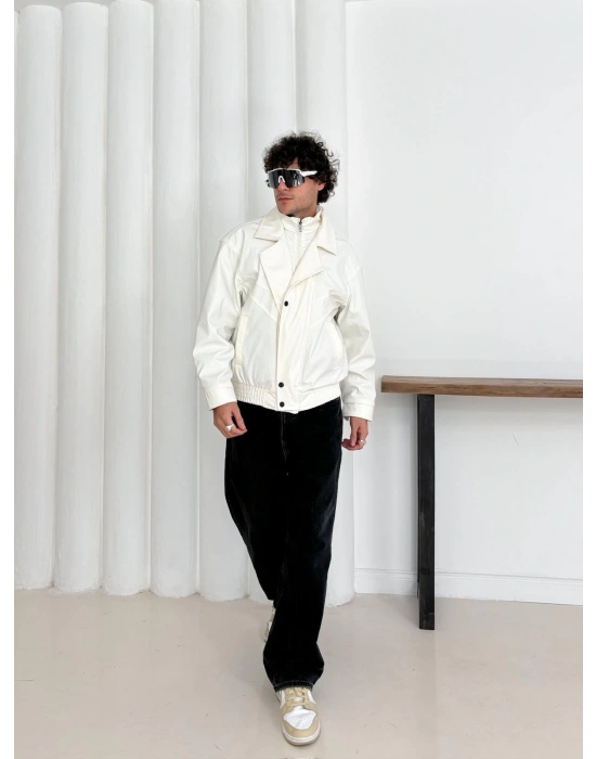 KAPATMA DETAYLI OVERSİZE DERİ CEKET BEYAZ