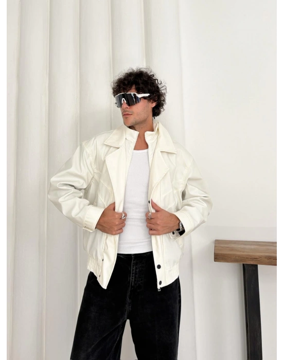 KAPATMA DETAYLI OVERSİZE DERİ CEKET BEYAZ