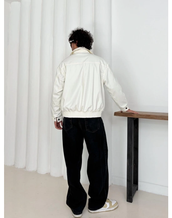 KAPATMA DETAYLI OVERSİZE DERİ CEKET BEYAZ