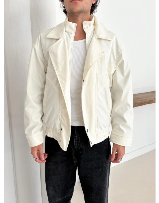 KAPATMA DETAYLI OVERSİZE DERİ CEKET BEYAZ