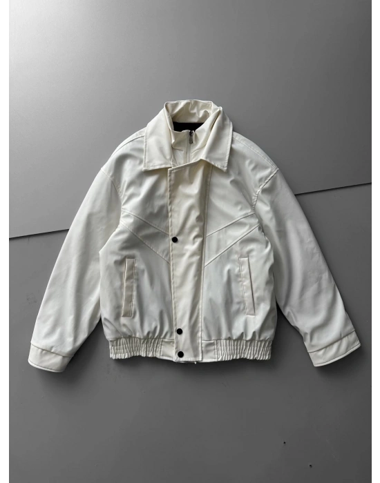 KAPATMA DETAYLI OVERSİZE DERİ CEKET BEYAZ