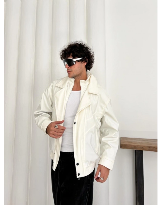 KAPATMA DETAYLI OVERSİZE DERİ CEKET BEYAZ