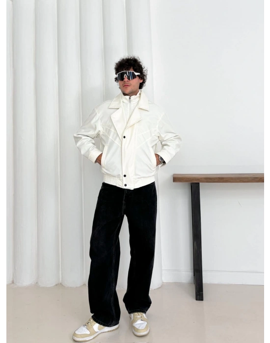 KAPATMA DETAYLI OVERSİZE DERİ CEKET BEYAZ