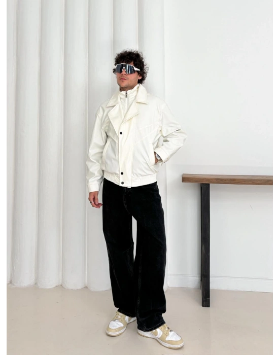 KAPATMA DETAYLI OVERSİZE DERİ CEKET BEYAZ