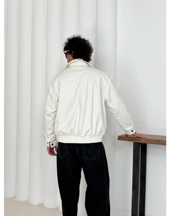 KAPATMA DETAYLI OVERSİZE DERİ CEKET BEYAZ