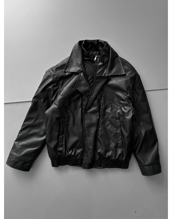 KAPATMA DETAYLI OVERSİZE DERİ CEKET SİYAH