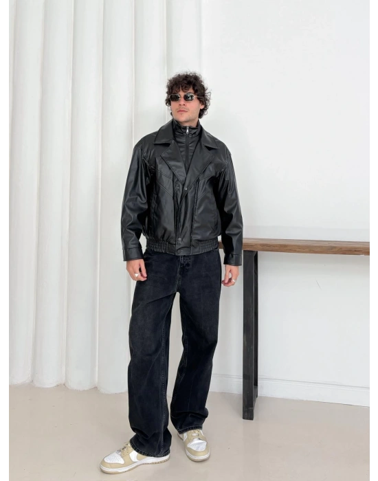 KAPATMA DETAYLI OVERSİZE DERİ CEKET SİYAH