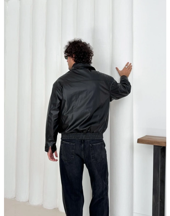 KAPATMA DETAYLI OVERSİZE DERİ CEKET SİYAH