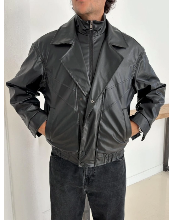 KAPATMA DETAYLI OVERSİZE DERİ CEKET SİYAH