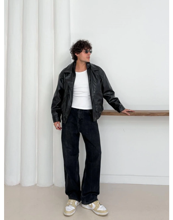 KAPATMA DETAYLI OVERSİZE DERİ CEKET SİYAH