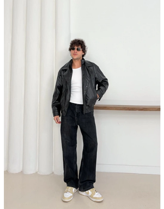 KAPATMA DETAYLI OVERSİZE DERİ CEKET SİYAH