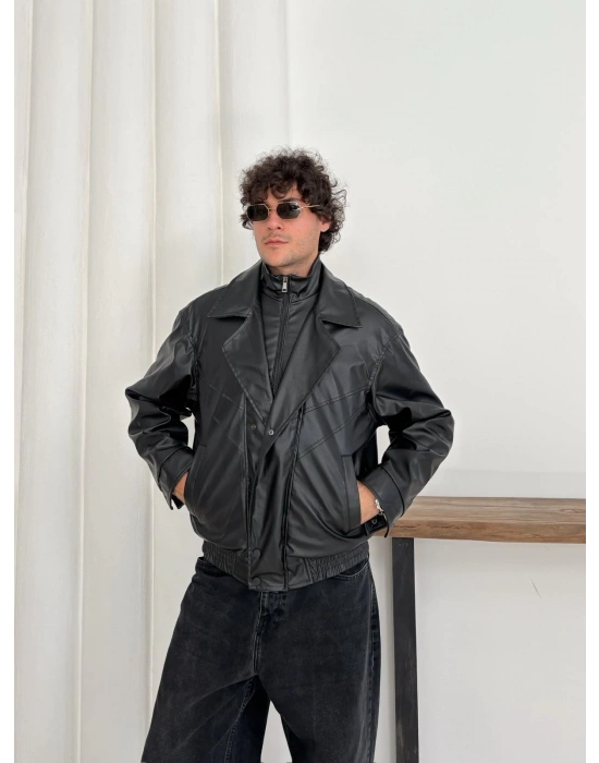 KAPATMA DETAYLI OVERSİZE DERİ CEKET SİYAH