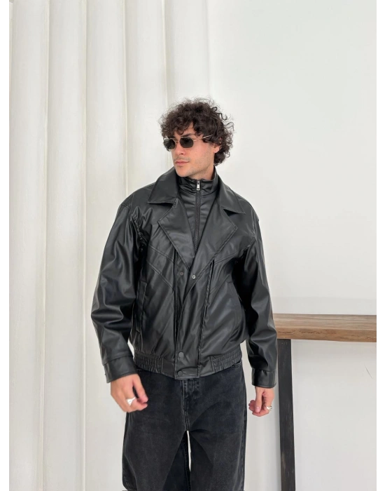 KAPATMA DETAYLI OVERSİZE DERİ CEKET SİYAH