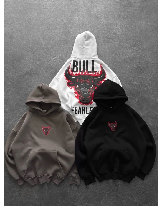 KAPÜŞON BULLS BASKI OVERSİZE 3 İPLİK SWEAT BEYAZ