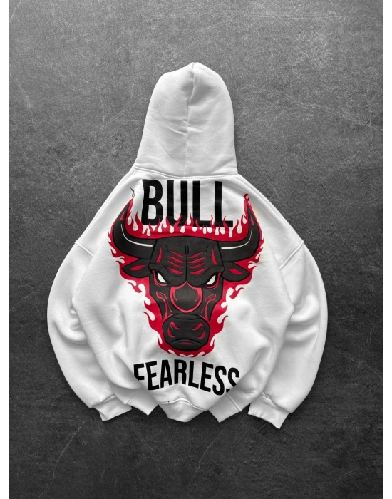 KAPÜŞON BULLS BASKI OVERSİZE 3 İPLİK SWEAT BEYAZ